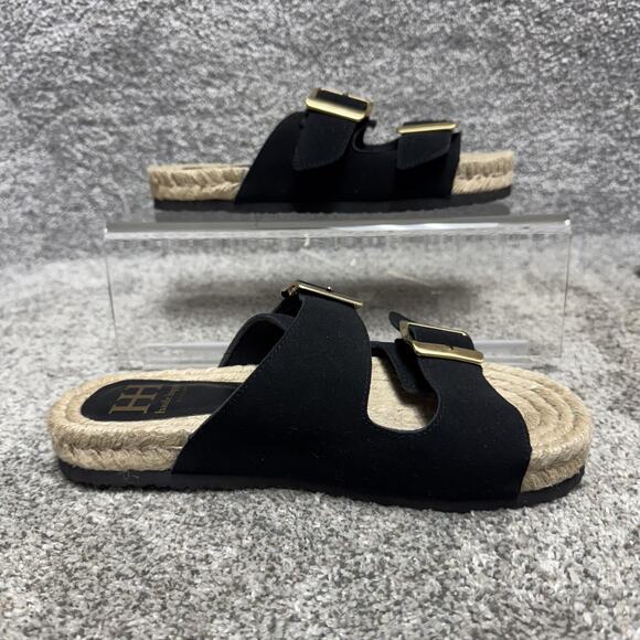 Haute Hippie Style Sandals Womens Size 6.5 Black Espadrille Double Buckle Slides - Picture 1 of 9